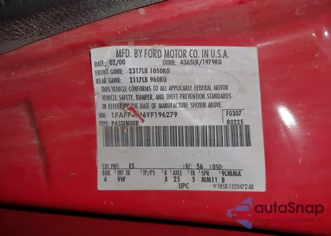 2000 Ford Mustang from USA, damaged, VIN 1FAFP4046YF196279